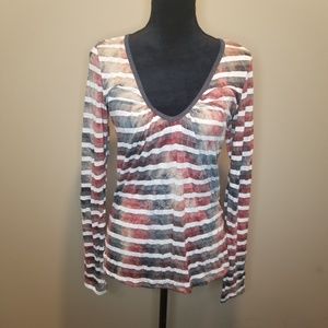 Daytrip Earthy Tone Striped LS V-Neck Top • SZ L